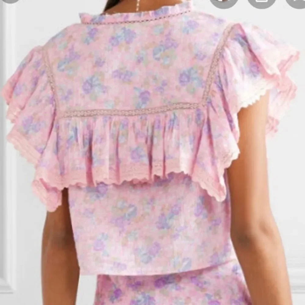 LOVESHACKFANCY Lanya Cherry Top Large Ruffle White Pink Embroidered Pink Tuscany